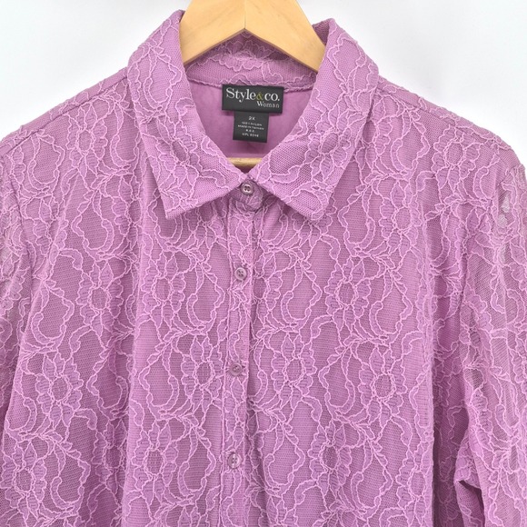 Style & Co Woman Lilac Floral Lace Button‎ Up Sheer Shirt Plus Size 2X Romantic - Picture 2 of 12